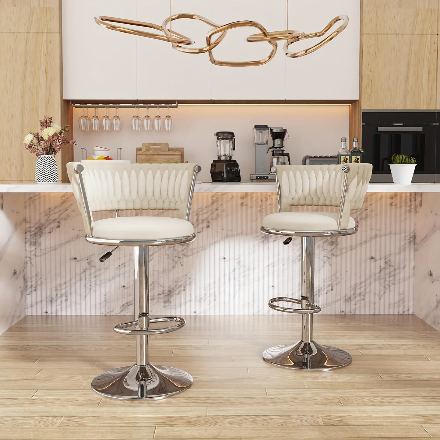Set van 2 Barstoelen met Gevlochten Rugleuning – Velvet Keukenkrukken, Hoog, Verstelbaar en Draaibaar – Zilverkleurige Barkrukken voor Keuken of Bar