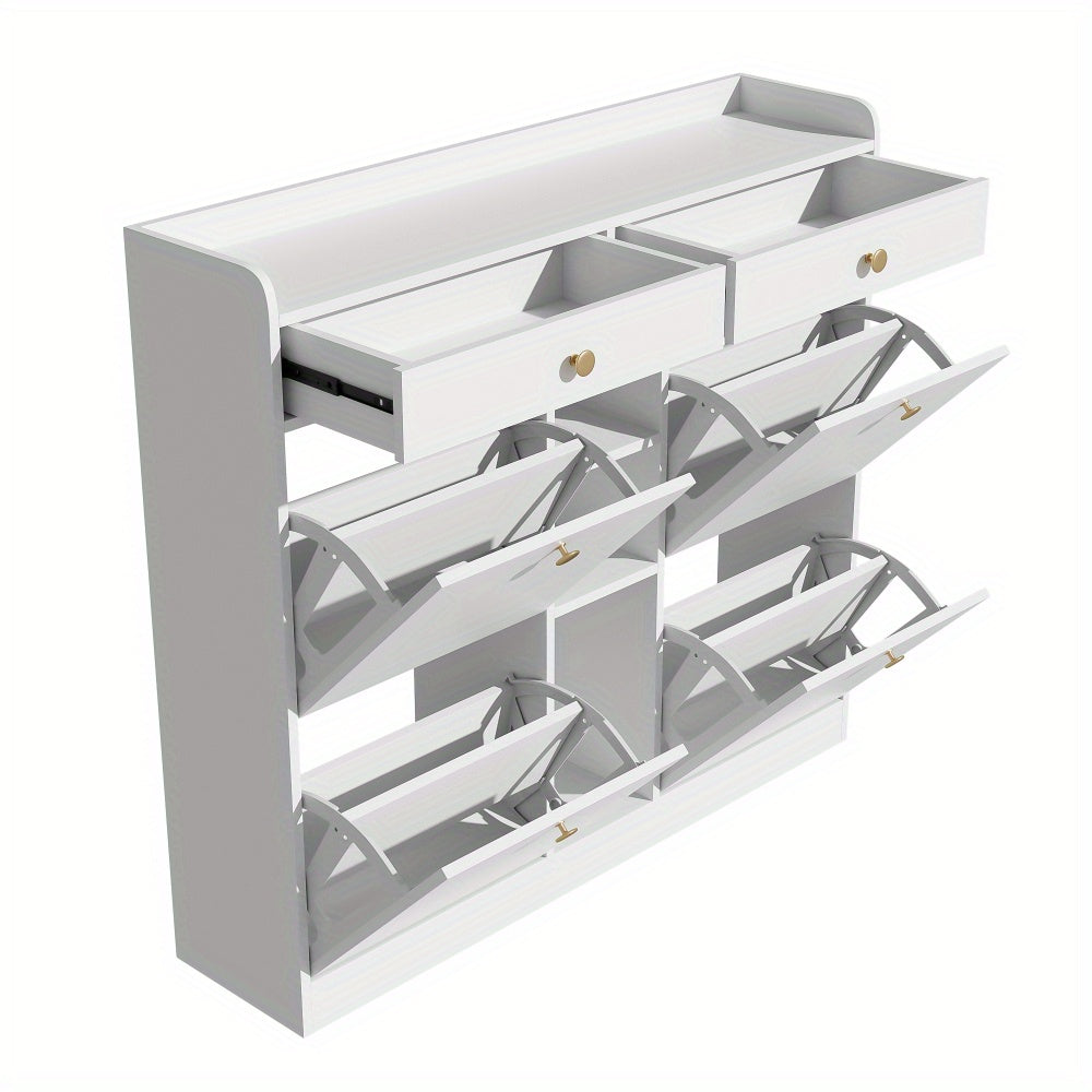 Schoenkast met 4 Openslaande Deuren & 2 Laden – 110 × 26 × 100 cm – Modern Opbergmeubel voor Hal, Woonkamer of Gang