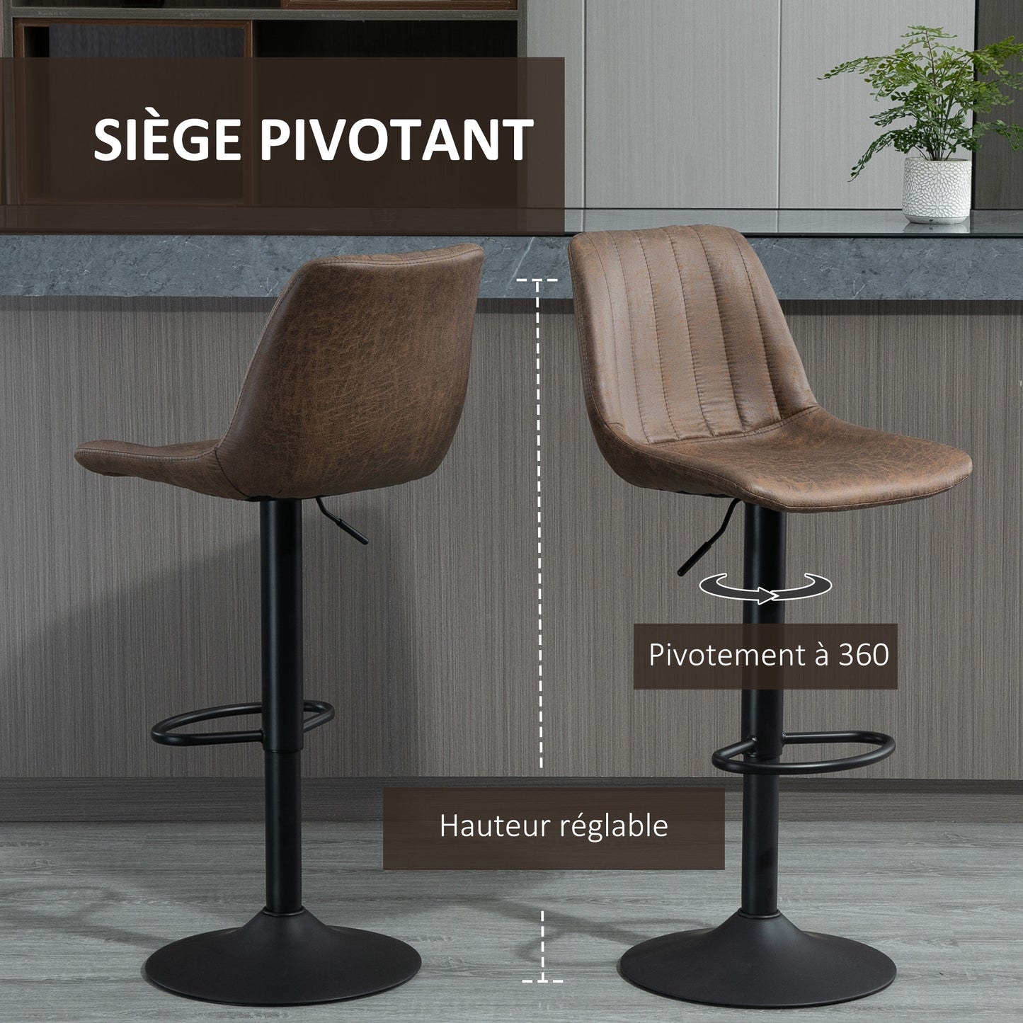 Barkrukken – Barkruk – Barstoel – Keukenkruk – Hoge Stoel – Vintage Look – Verstelbare Zithoogte – 360° Draaibaar – Set Van 2 – Bruine Bekleding