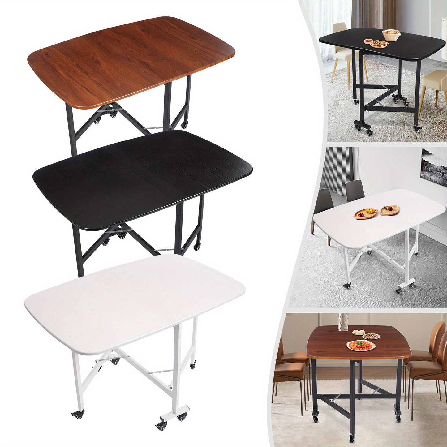 Inklapbare Tafel – Vouwtafel – Opklapbare Eettafel – Bijzettafel – Klaptafel – Wit – Mobiel Met 6 Wielen – Duurzaam MDF Met Krasbestendige Laag