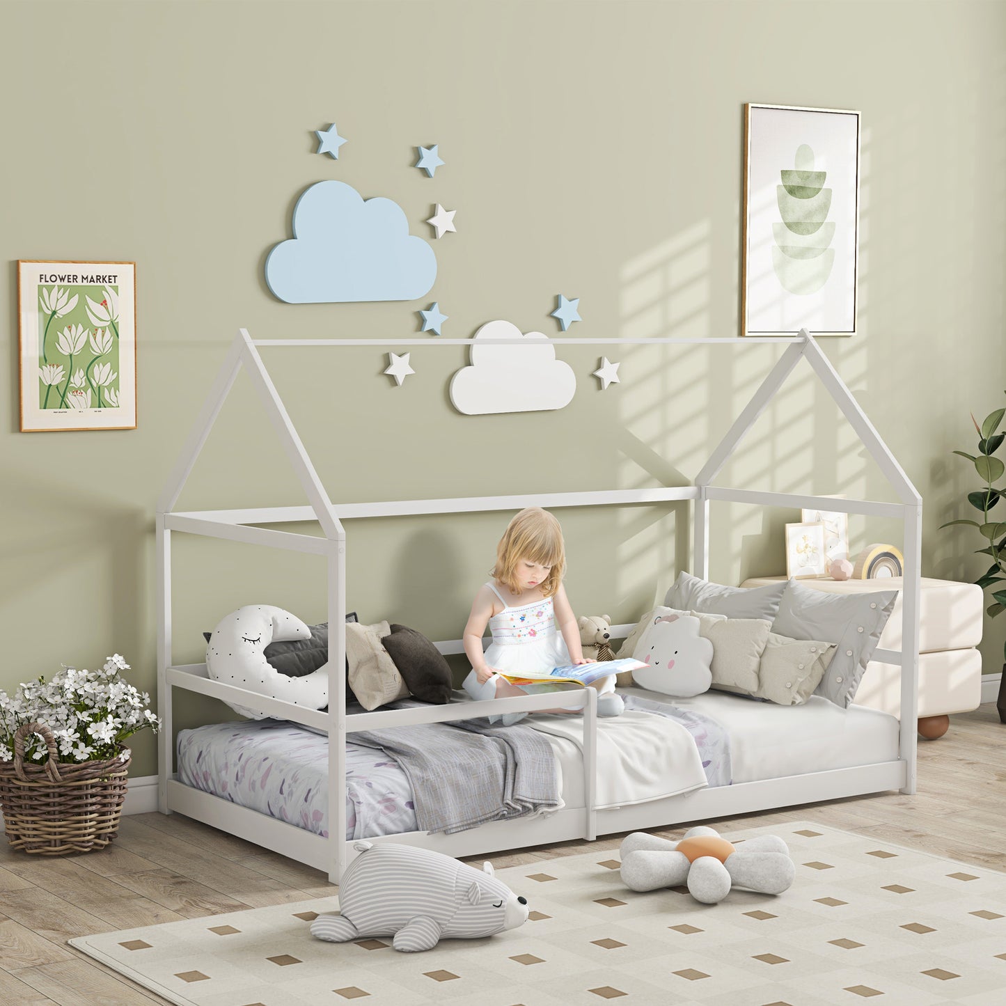Kinderbed Huis – Cabin Bed – Bunk Bed – Speelbed – Huisbed – Houten Bed – Anti-Val Bescherming – Inclusief Lattenbodem en Dak – Wit – 90x190 cm