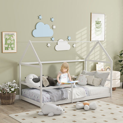 Kinderbed Huis – Cabin Bed – Bunk Bed – Speelbed – Huisbed – Houten Bed – Anti-Val Bescherming – Inclusief Lattenbodem en Dak – Wit – 90x190 cm
