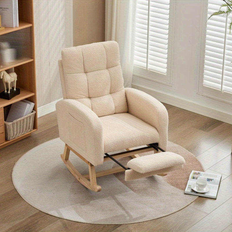 Schommelstoel – Relaxstoel – Fauteuil – Voedingsstoel – Loungestoel – Teddy Stof Bekleding – Stevig Houten Frame – 132x50x99 cm – Beige