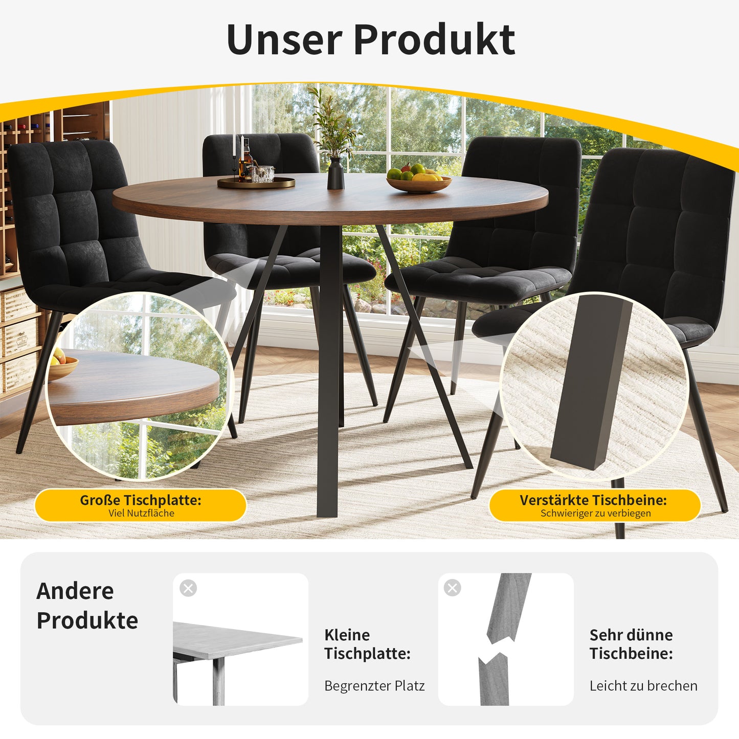 BTM Round Dining Table (80×80×75 Cm) with Wood-Optic And Metal Frame, Modern Round Table for Dining Area, Kitchen And Living Room, Stable Living Room Table in Walnut Color with Black Legs, Space-Saving Round Table for 2-4 P
