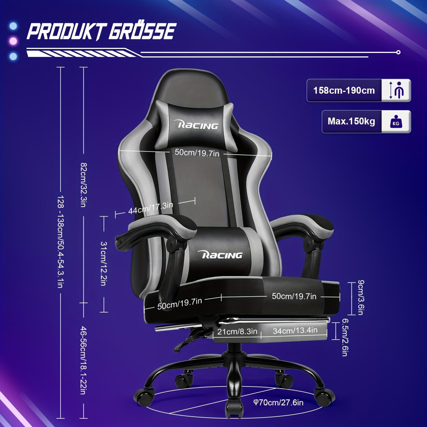 Gronfont Gaming Chair with Footrest, Ergonomic Gaming Chair with Adjustable Lumbar Cushion, Headrest Cushion, Height-Adjustable And Swivelling, PC Chair, Gaming Armchair 150kg, Black, Perfect Christmas Gift for Gamers & Home