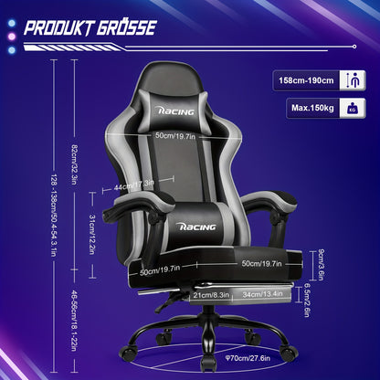 Gronfont Gaming Chair with Footrest, Ergonomic Gaming Chair with Adjustable Lumbar Cushion, Headrest Cushion, Height-Adjustable And Swivelling, PC Chair, Gaming Armchair 150kg, Black, Perfect Christmas Gift for Gamers & Home