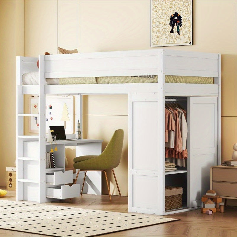 Hoogslaper – Stapelbed – Kinderbed – Eenpersoonsbed – Opbergbed – Ruimtebesparend – Met Kledingkast & Bureau – Duurzame Lichtgewicht Constructie – Modern Minimalistisch Wit Design