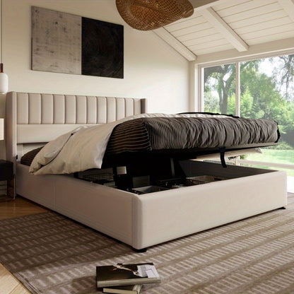Opbergbed – Opbergbed Met Hydraulische Lift – Bed Met Opbergruimte – Gestoffeerd Bed – Slaapbed – 180x200 cm – Stevig Metalen Frame – Beige Linnen Bekleding