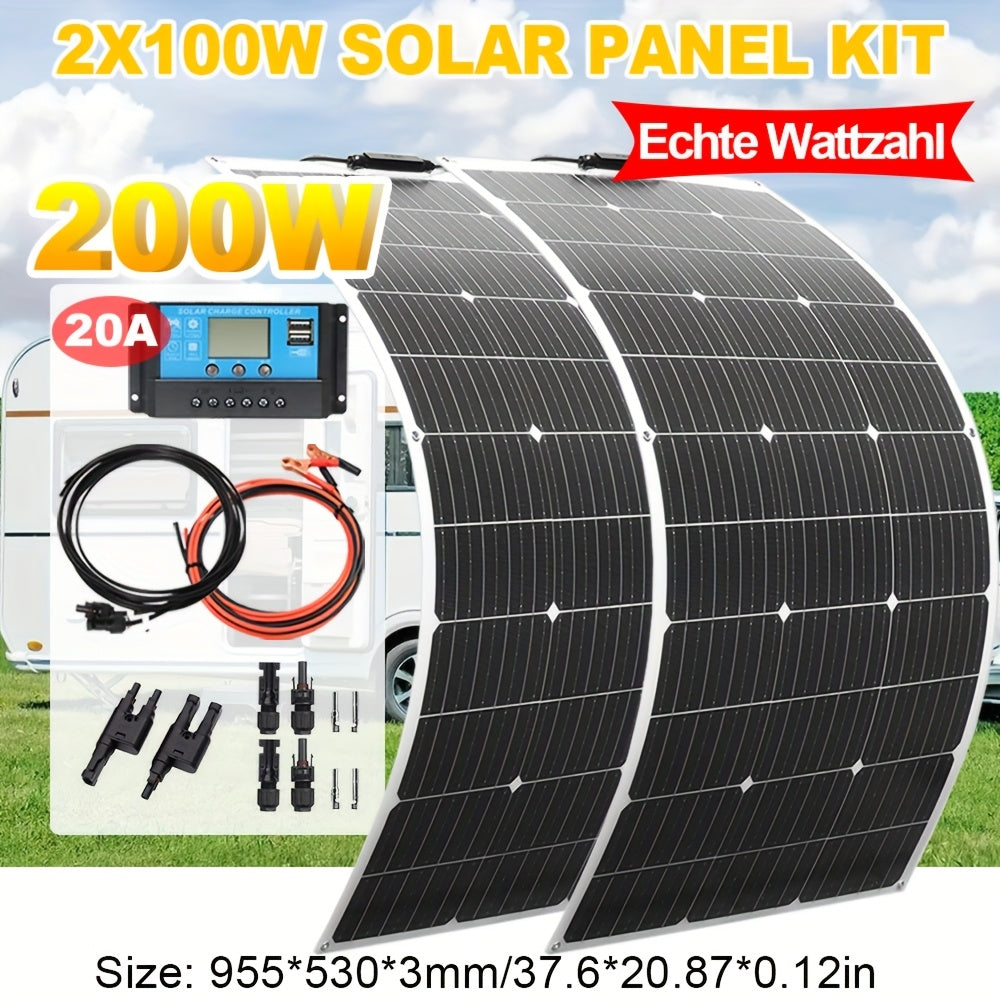 200W Flexible Solar Panel Kit 2X100 Watt 12 Volt Monocrystalline Off-Grid System And 20A Controller Kit PV Battery Charging for Home RV Boat Trailer Outdoor Camping (White Panel)