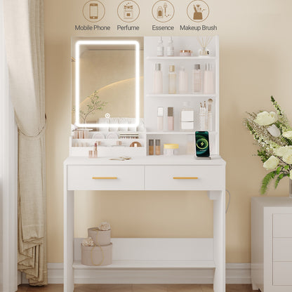 Makeuptafel – Kaptafel – Vanity – Schminktisch – Dressing Table – Met LED-verlichting – 2 Stopcontacten en 2 USB-poorten – 2 Lades en 4 Open Planken – Wit