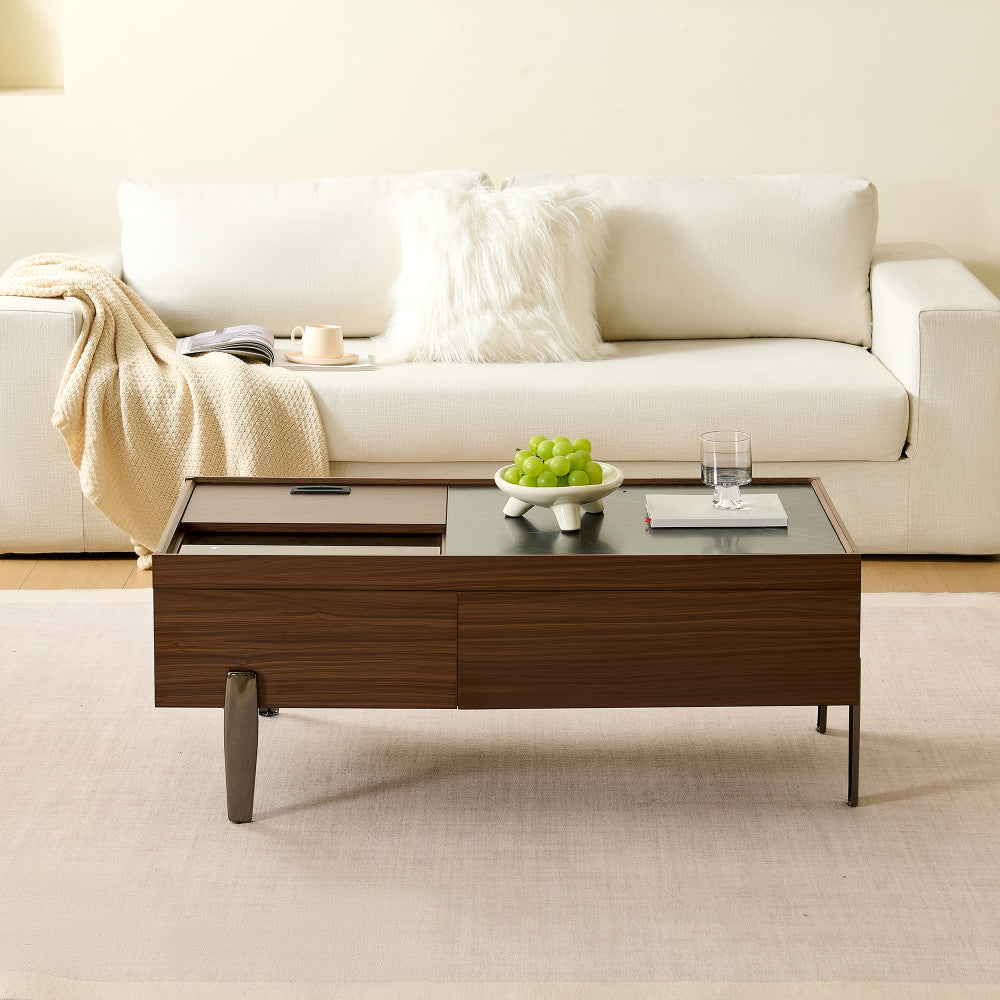Modern Glass-Top Coffee Table with Storage Drawers - Dark Brown Marble-Patterned Wood Veneer & Sturdy Metal Legs, Contemporary Minimalist Design with Spacious Top & Hidden Storage for Living Room, Easy Assembly Required, Dura