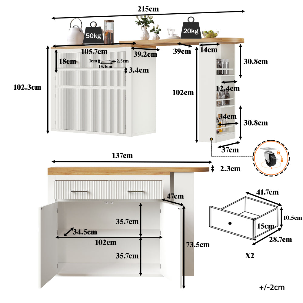 Extendable Bar Table with Storage Space (137-215 × 39 × 102.3cm), Modern Mobile Bar Table, Extendable Bar Table with One Drawer and Two Shelves, Tall Kitchen Island Dining Table, White