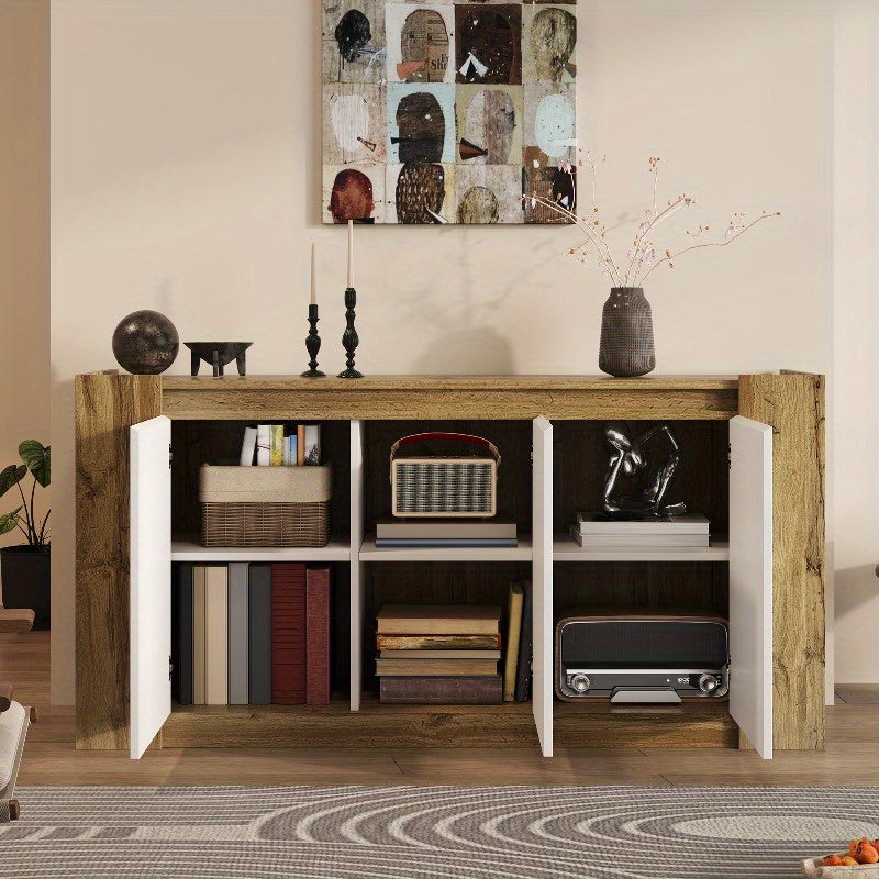 Sideboard – Dressoir – Opbergkast – Buffetkast – Kast Met Schuine Deuren – Softclose Scharnieren – Verstelbare Planken – Wit Met Houtlook – Duurzame Stalen Constructie