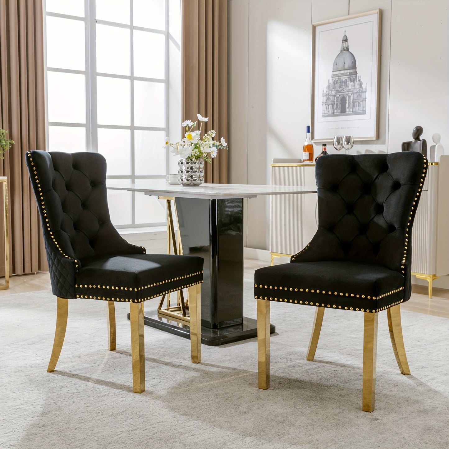 2pcs Elegant Dining Chairs with Golden-Tone Nailhead Trim & Golden-Plated Stainless Steel Legs - Upholstered Backrest, Round Pulls, Classic Modern Design