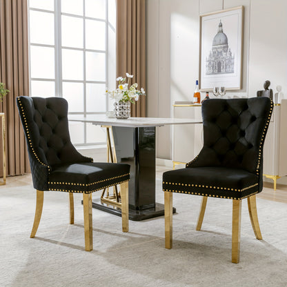 2pcs Elegant Dining Chairs with Golden-Tone Nailhead Trim & Golden-Plated Stainless Steel Legs - Upholstered Backrest, Round Pulls, Classic Modern Design