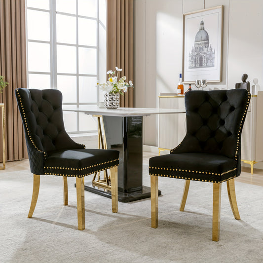 2pcs Elegant Dining Chairs with Golden-Tone Nailhead Trim & Golden-Plated Stainless Steel Legs - Upholstered Backrest, Round Pulls, Classic Modern Design
