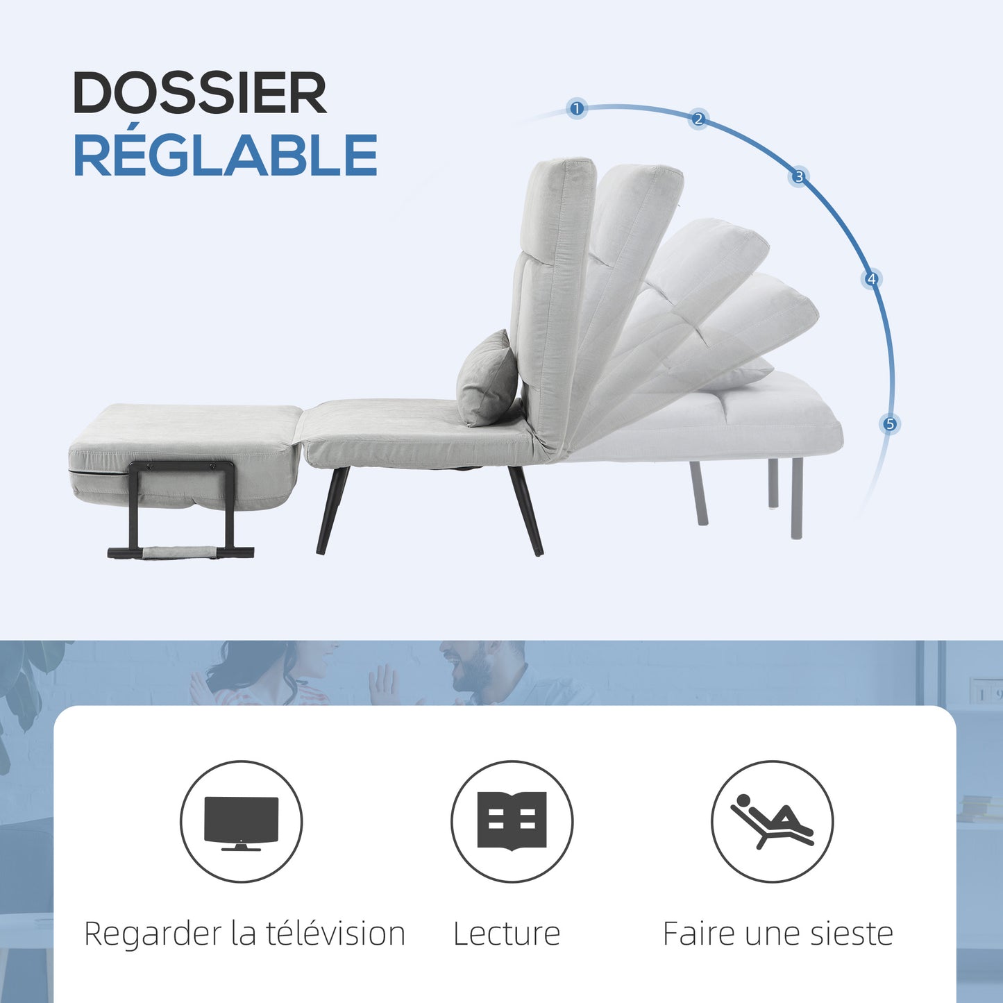 Bedbank – Slaapstoel – Slaapbank – Fauteuil – Logeerbed – Verstelbare Rugleuning 5-standen – Fluweelachtige Bekleding Grijs