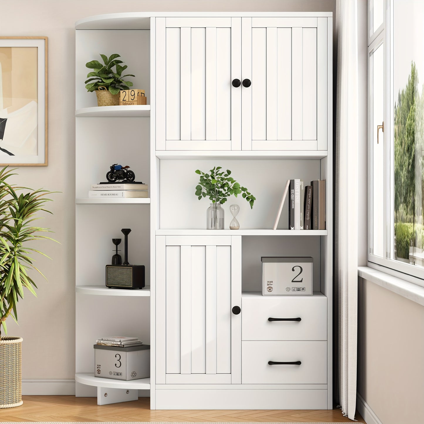 White Modern Corner Storage Cabinet with 3 Cabinets & 2 Drawers - Space-Saving Tall Bookshelf with Open Shelves & Closed Storage, Freestanding Floor Cabinet for Living Room, Hallway, Entryway - Easy Assembly, Classic Design,