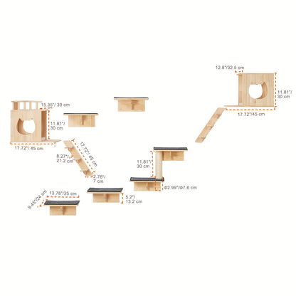kattenwandplanken – kattenrennen – kattenhuis – kattenkooi – kattenverblijf – 9-delige set – duurzaam hout – multifunctioneel klimplezier