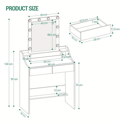 Make-uptafel – Kaptafel – Make-up Bureau – Schminktisch – Make-up Tafel Wit – Met Verstelbare LED-Verlichting – 2 Lades En 3 Open Vakken