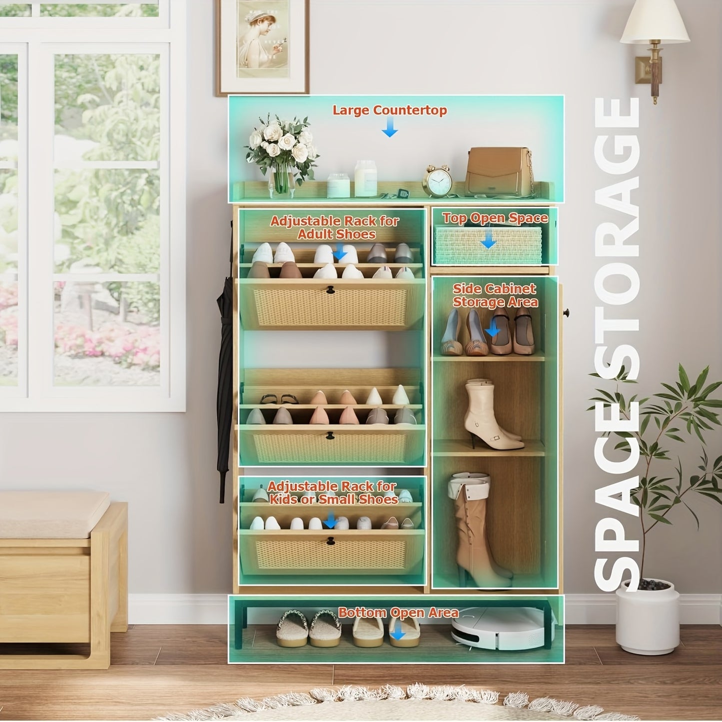 Shoe Cabinet Rattan with 3 Flip Drawers And 4-Tier Shoe Storage Cabinet, Freestanding Shoe Organizer with Adjustable Shelves for Entryway, Closet, Hallway