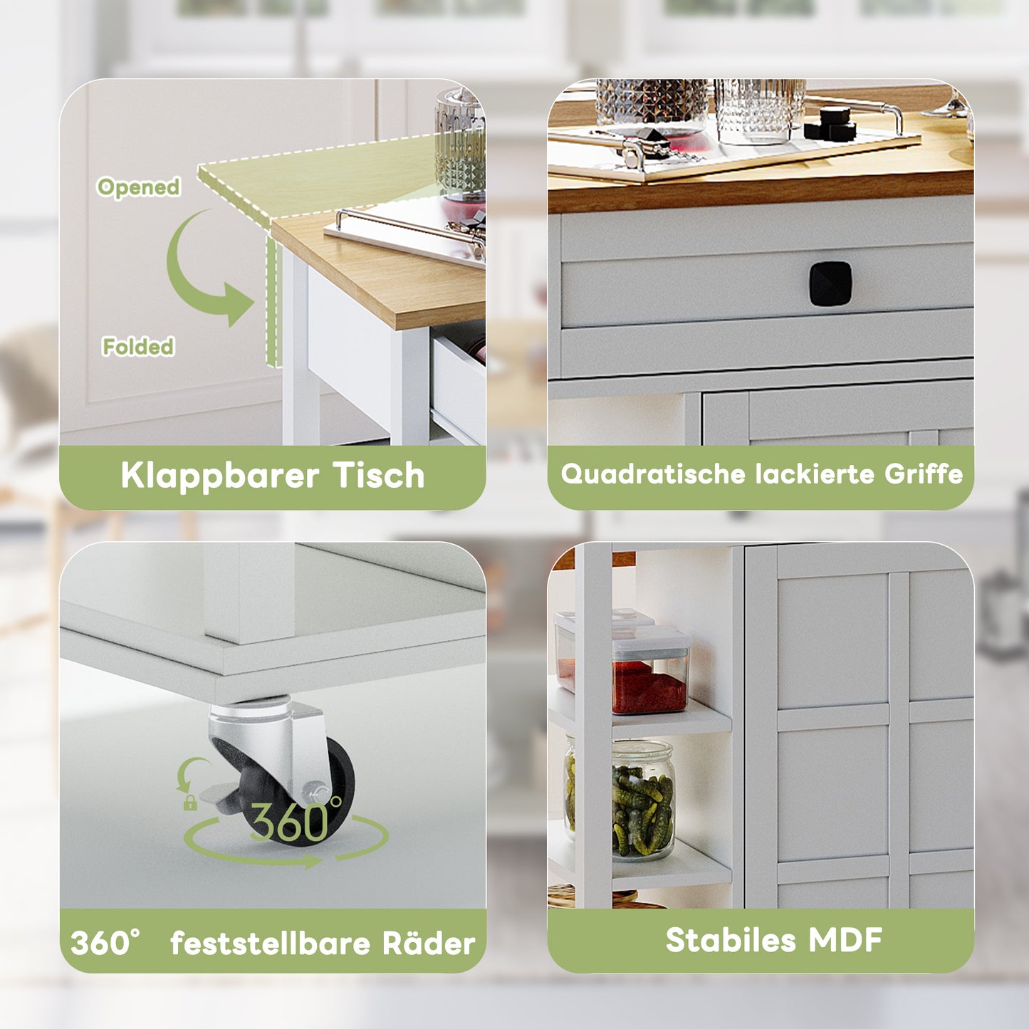 Keukentrolley – Keukenwagen – Serveerwagen – Opbergwagen – Werkbank – Uitschuifbaar Werkblad 120×65 cm – MDF Melamine Water- en Krasbestendig – Met 2 Lades, Opbergruimte en Wieltjes Wit