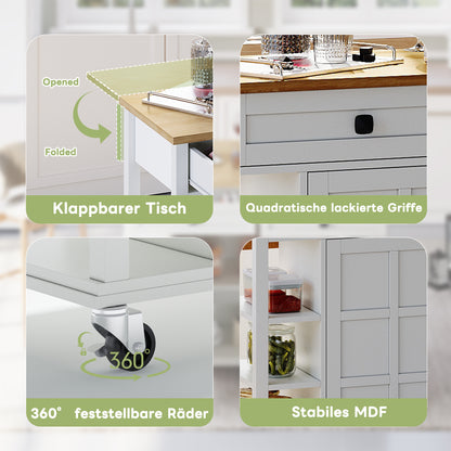 Keukentrolley – Keukenwagen – Serveerwagen – Opbergwagen – Werkbank – Uitschuifbaar Werkblad 120×65 cm – MDF Melamine Water- en Krasbestendig – Met 2 Lades, Opbergruimte en Wieltjes Wit