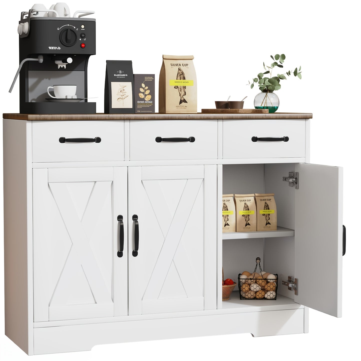 Dressoir – Sideboard – Opbergkast – Wandmeubel – Wit Zwart – 3 Laden en 3 Deuren – Verstelbare Planken – Anti-Kantelbeveiliging