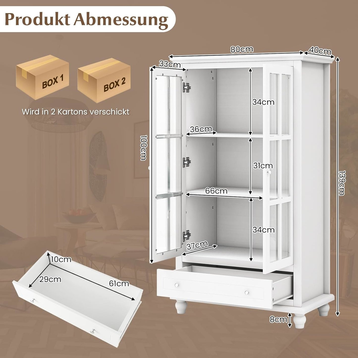 Kledingkast – Garderobekast – Opbergkast – Boekenkast – Vitrinekast – Met Gehard Glas – Verstelbare Plank & Lade – Wit 80x40x139 cm
