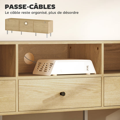 Tv-meubel – Televisiekast – Mediameubel – TV Kast – TV Dressoir – Houtlook Spaanplaat – 140x34x45 cm – Kabelbeheer – 3 Laden & 3 Open Vakken
