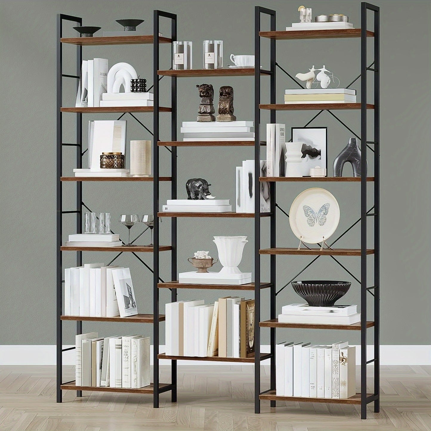 Boekenkast – Vrijstaand Rek – Wandkast – Open Kast – Boekenplank – Vintage Bruin-Zwart – 17 Schappen – Verstelbare Indeling 24x152x186 cm – Draagkracht 340 kg