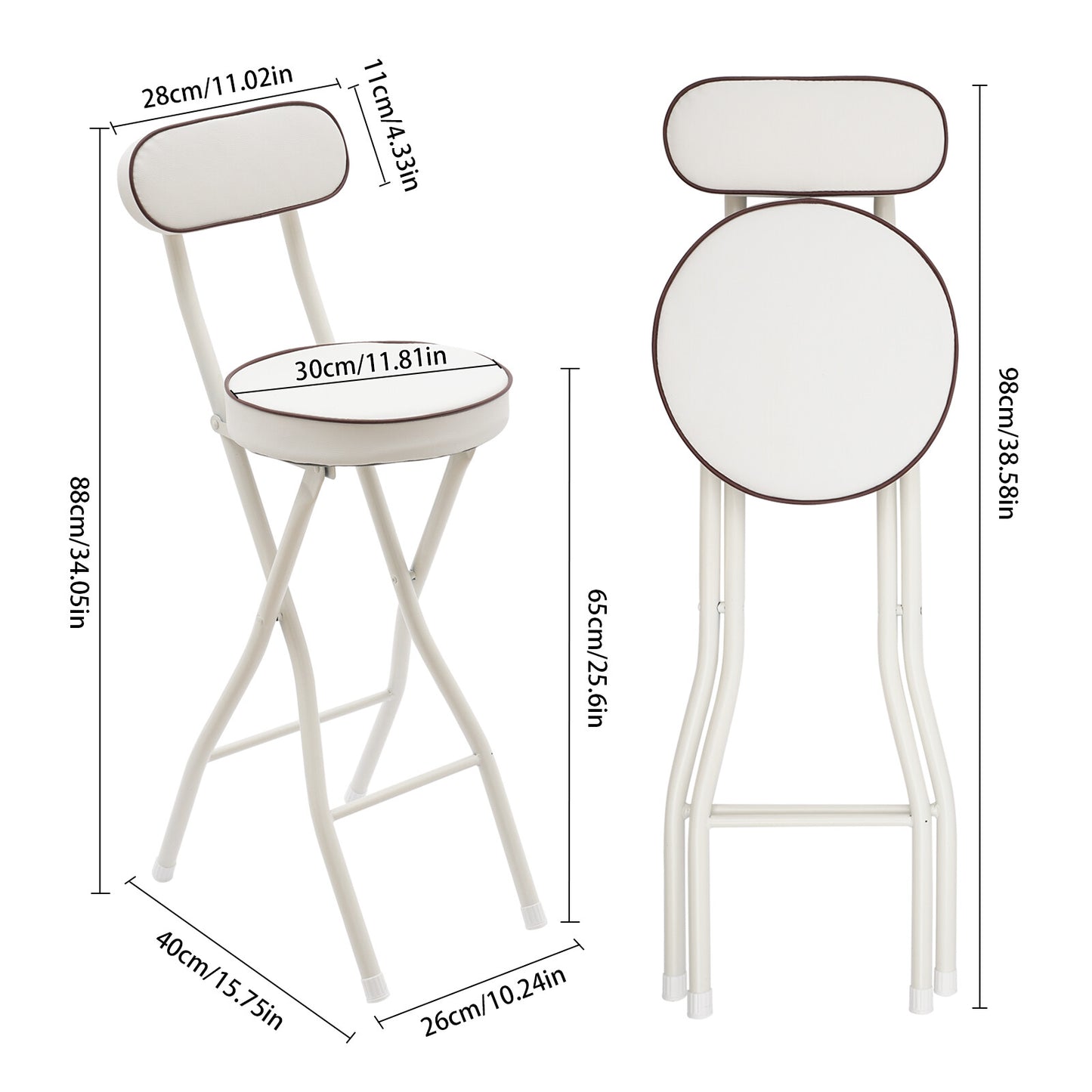 Barstoel – Barkruk – Barstoel Kruk – Barstoelen – Barkrukken – Inklapbaar – Gestoffeerde Zitting – Wit PU – Stalen Frame – Compact Opvouwbaar