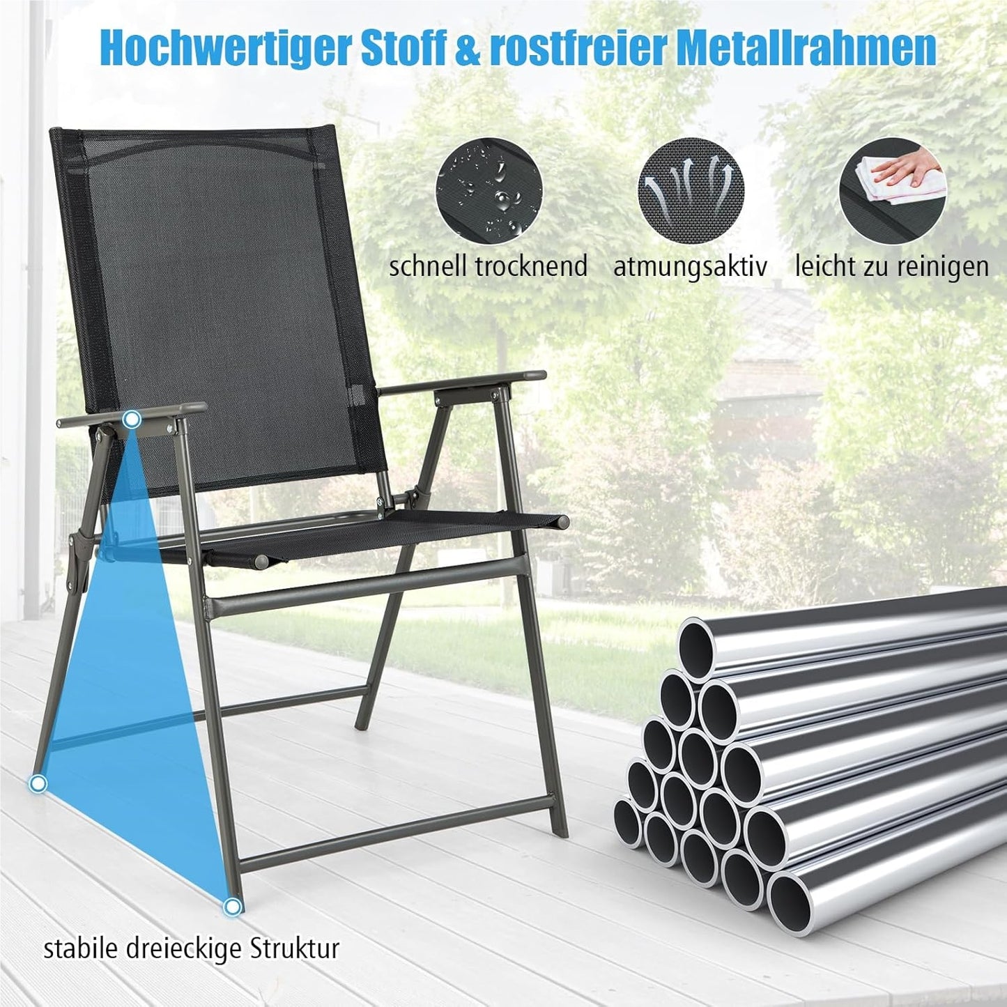 Tuinstoelen – Balkonstoelen – Terrasstoelen – Klapstoelen – Loungestoelen – Weerbestendig Stof – Maximaal 150 kg Draaggewicht – Set van 4 Zwarte Stoelen