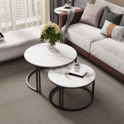 Salontafel – Bijzettafel – Woonkamertafel – Koffietafel – Nestbare Tafels – Set Van 2 – Wit Marmerlook – Zwart Metalen Frame – Groot 70x40 cm – Klein 57x35 cm