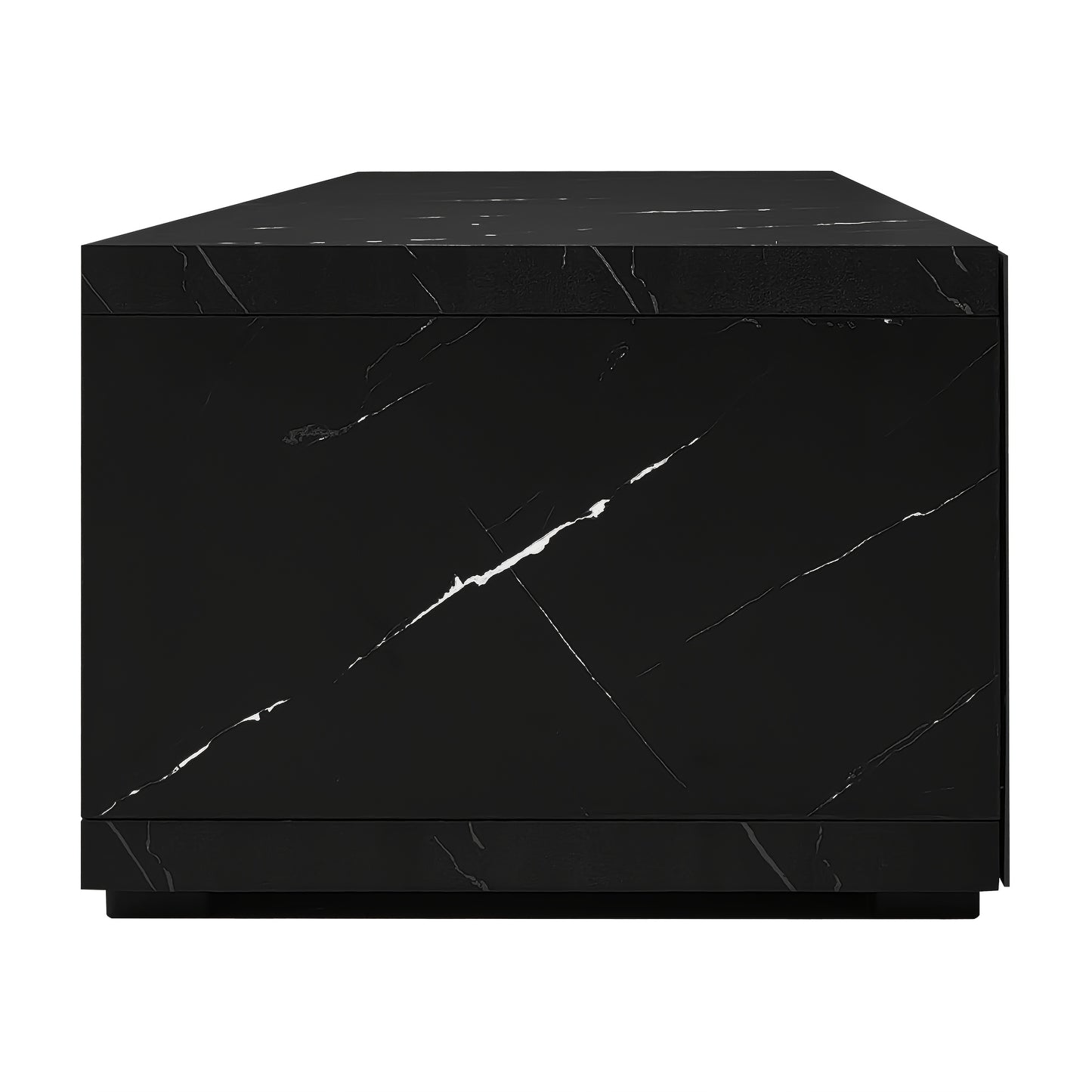 Modern TV Stand with Swivel Doors & Variable Length - Black Marble Look & Golden Accent White High-Gloss Matte Finish, Metal Construction, Space-Saving Design with Storage Shelves, No Electrical Required, Easy Assembly for La