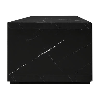 Modern TV Stand with Swivel Doors & Variable Length - Black Marble Look & Golden Accent White High-Gloss Matte Finish, Metal Construction, Space-Saving Design with Storage Shelves, No Electrical Required, Easy Assembly for La