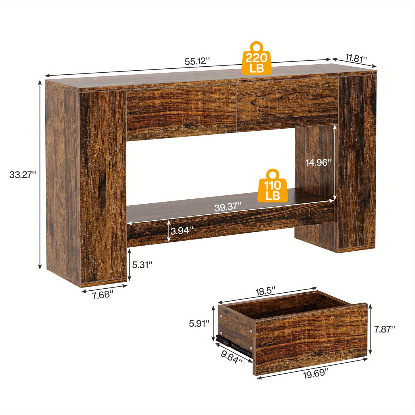 Extra Lange Haltafel – Halmeubel – Sofa Tafel – Sidetable – Wandtafel – 139,95 cm Lang – Verborgen Lades en Open Planken – Stevige MDF Houtlook – Eenvoudig Te Monteren
