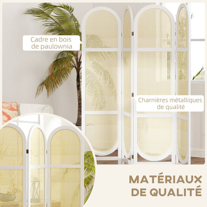 Kamerscherm – Room Divider – Scheidingswand – Vouwscherm – Privacy Scherm – Wit – 4 Panelen – Lichtgewicht Paulownia Hout & Kunstrotan