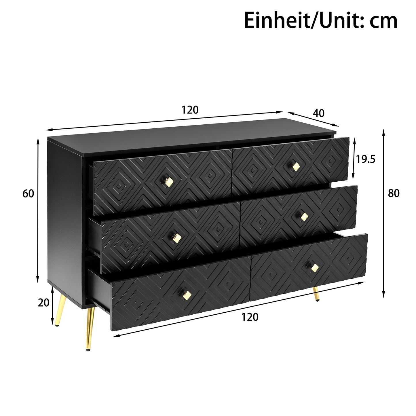 Ladekast – Kommode – Opbergkast – Dressoir – Zwarte Ladekast – 6 Ruime Lades – Gouden Metalen Poten