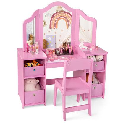 Kinder Make-up Tafel – Schminktafel – Speeltafel – Vanity – Kaptafel – 2-in-1 Met Verwijderbare Spiegel – Inclusief Opslagboxen – Roze