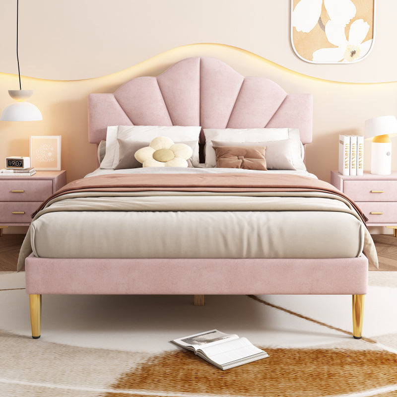 Gestoffeerd Tweepersoonsbed – Bed – Slaapbed – Platformbed – Velvet Bed – Roze Velvet Bekleding – Verstelbaar Hoofdeinde – Gouden Metalen Pootjes