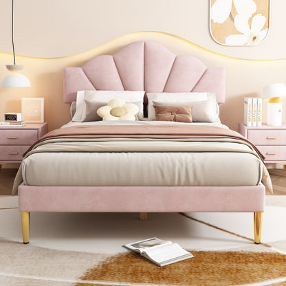 Gestoffeerd Tweepersoonsbed – Bed – Slaapbed – Platformbed – Velvet Bed – Roze Velvet Bekleding – Verstelbaar Hoofdeinde – Gouden Metalen Pootjes