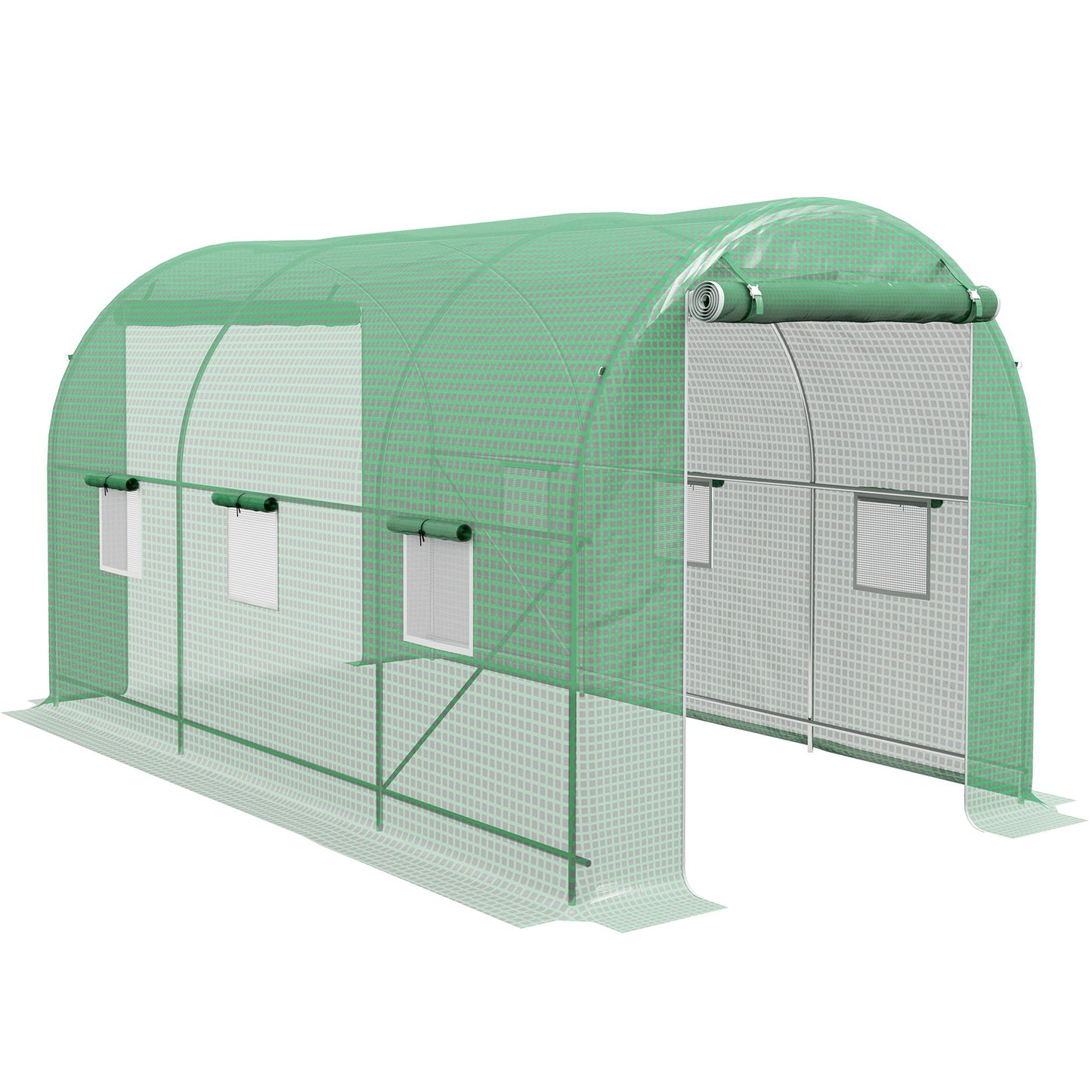 Tunnelse kas – Tuinkas – Broeikas – Groentekas – Plantenkas – 8 m² vloeroppervlak – Versterkt stalen frame – Dubbele ritssluiting – 6 oprolbare ramen – Groen