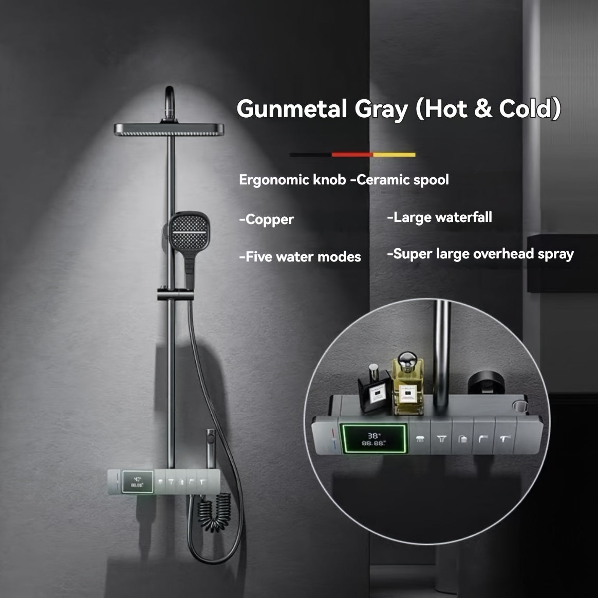 Luxe 5-Speed Douche Systeem – Regendouche – Waterval Douchekop – Badkamerkraan – Doucheset – RVS Constructie – LCD Temperatuur & Stroomregeling – Snelle Verwarming - Gunmetal Variant