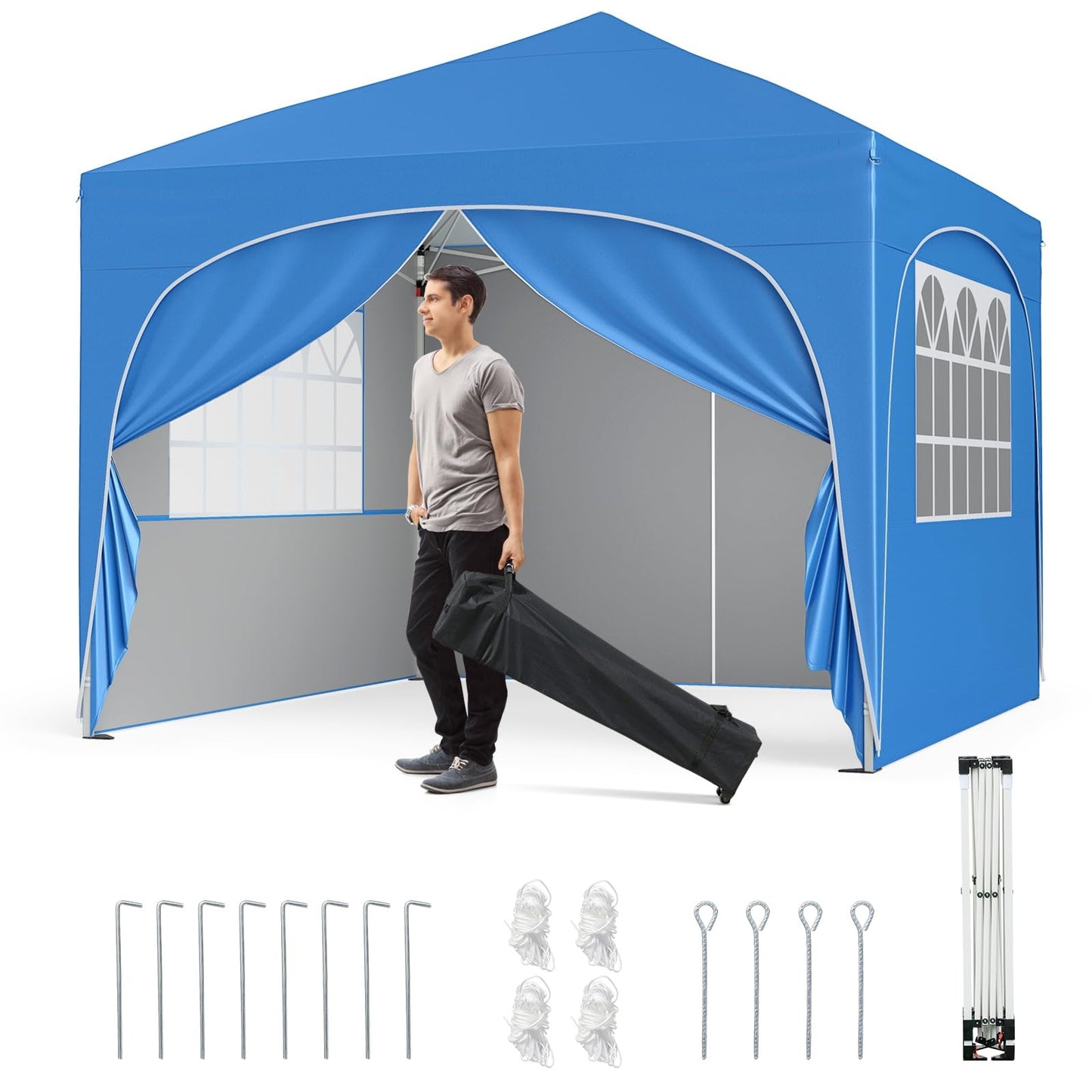 Vouwpaviljoen – Tuinpaviljoen – Partytent – Terrasoverkapping – Zonnescherm – 3x3 m – 4 Afneembare Zijwanden – UV Bescherming 50+ – Inclusief Zandzakken en Draagtas – Blauw