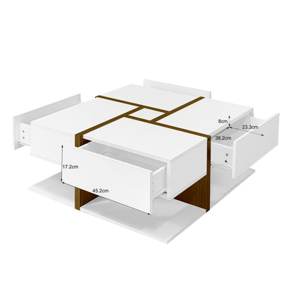 Modern High-Gloss Coffee Table - White & Golden Accent Living Room Center Table, Heavy-Duty Metal Construction, Space-Saving Design for Small Apartments, Easy Assembly (No Wood Components) - Ideal for Apartments, Offices, Hot