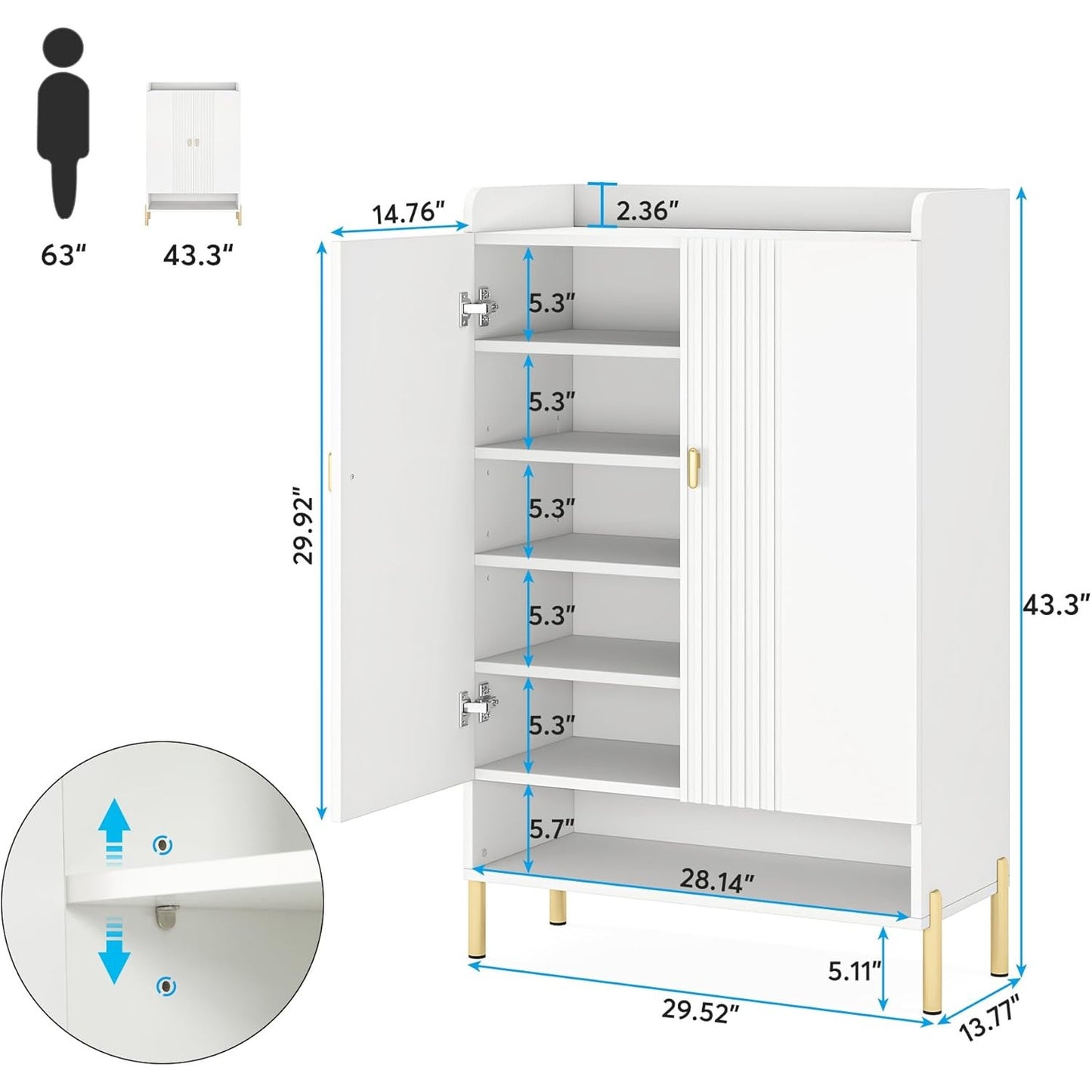 Schoenenkast – Schoenenrek – Opbergkast – Halmeubel – Schoenentoren – Wit – 6 Verstelbare Planken – Hout & Spaanplaat – 110 cm Hoog – Met Deuren