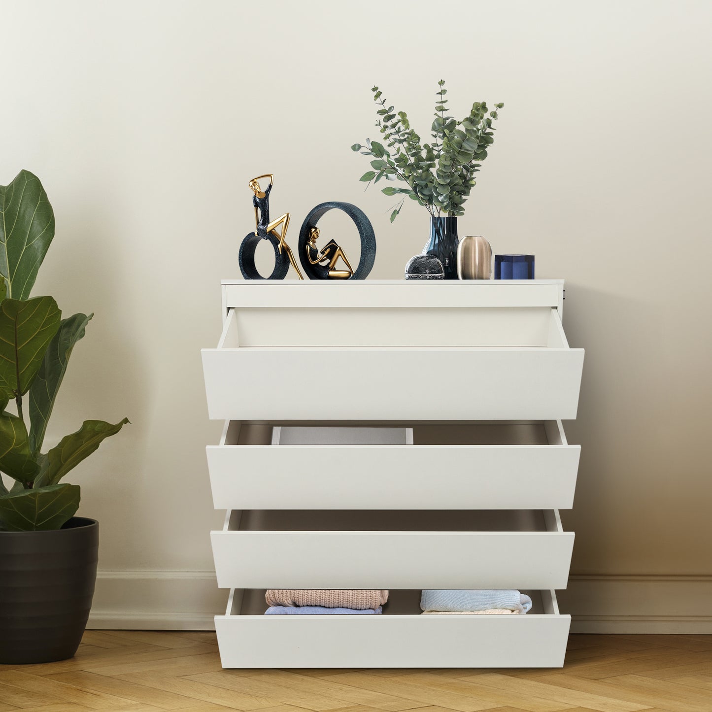 Opbergkast – Ladekast – Kledingkast – Opbergmeubel – Kast met Laden – Modern Wit – 4 Lades – Duurzaam Houtfineer – Ruimtebesparend Verticaal Design