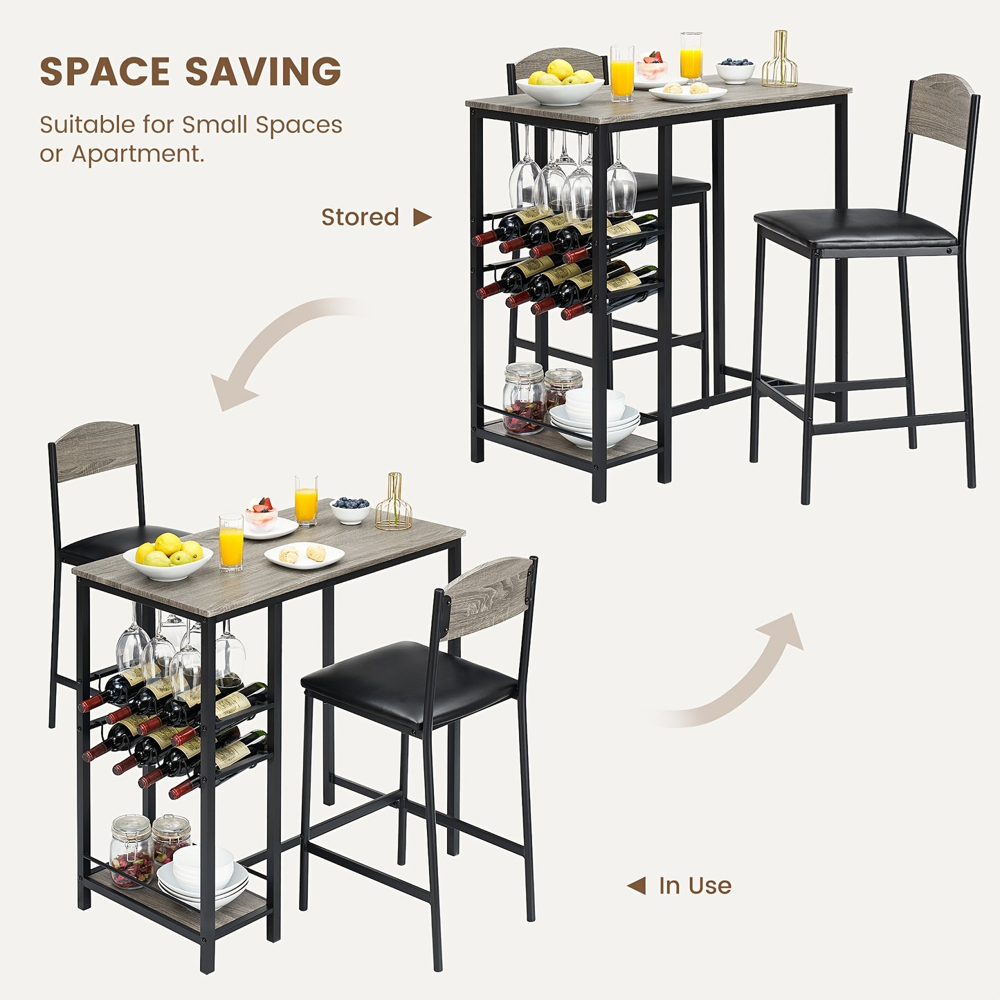 3pcs Industrial Modern Farmhouse Bar Table Set with 2 Bar Stools - Heavy-Duty Metal & Wood Kitchen/Dining Table with Wine Rack, Glass Holder & Storage Shelf, Space-Saving Design for Small Spaces, Rustic Brown/ Finish, Ideal f