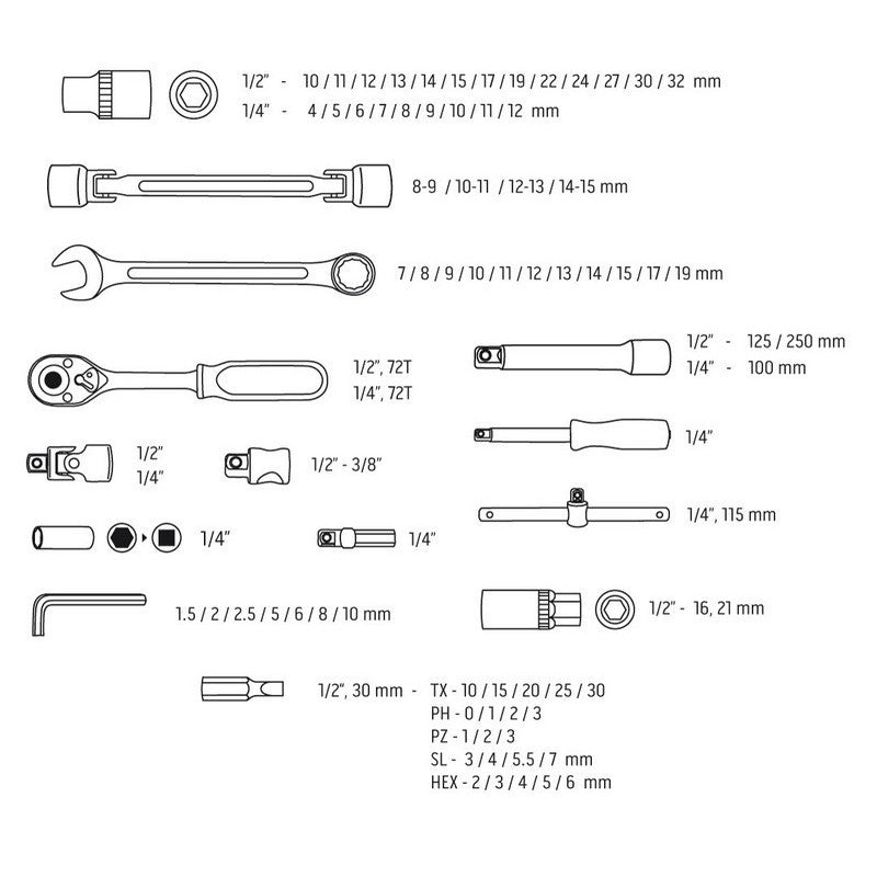 SET OF SOCKET KEYS 1/4'', 1/2'' 77 PARTS CRV - T N08-915